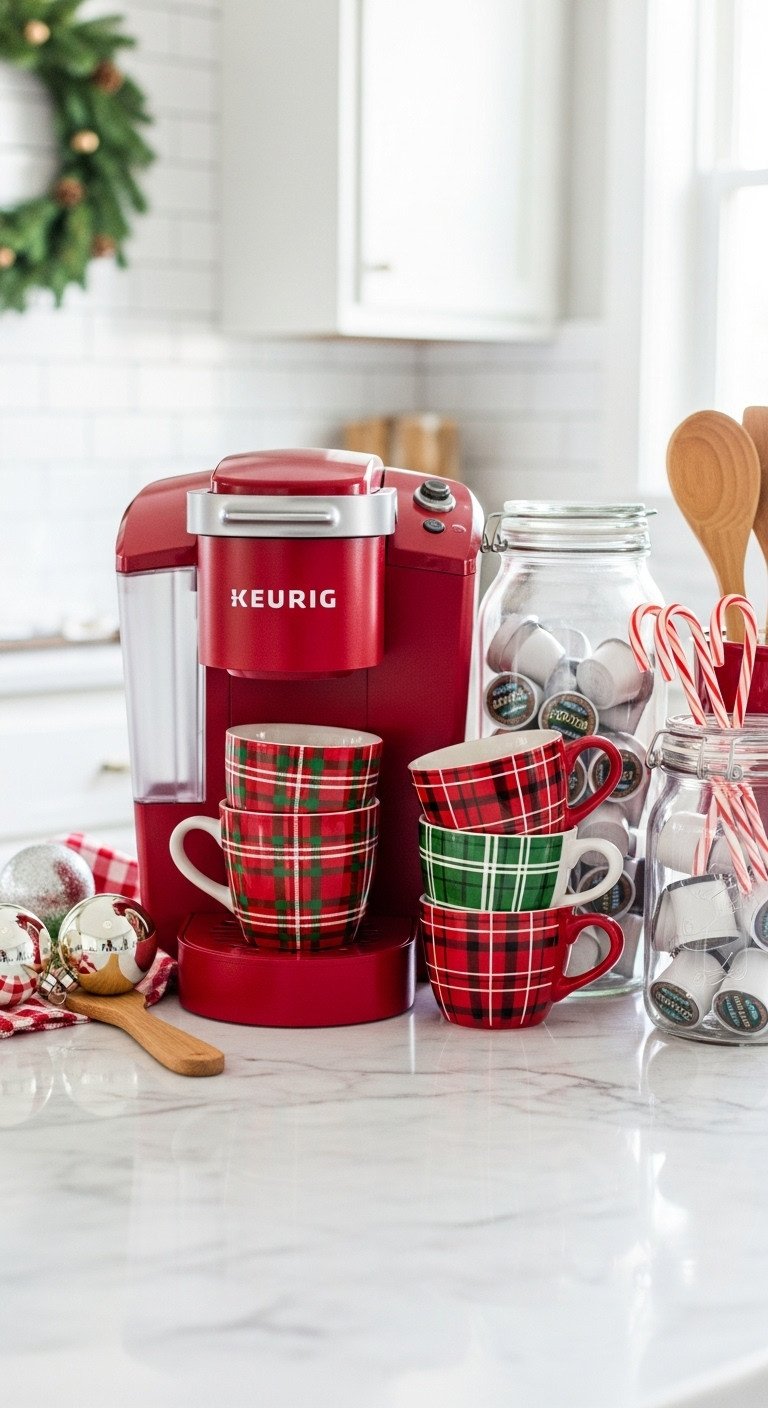 Cozy Christmas coffee area kitchen decor red green countertop Keurig machine plaid mugs candy canes festive station