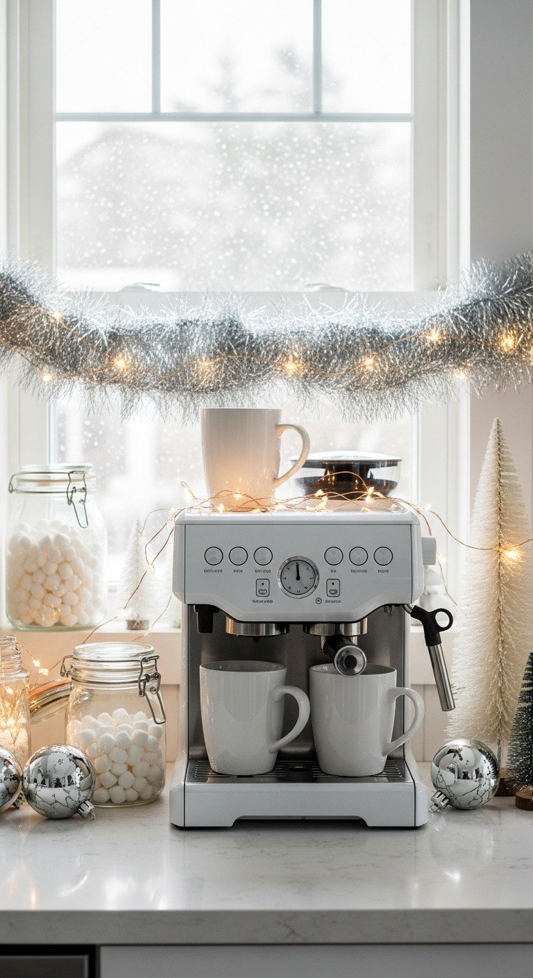 Cozy Christmas coffee area kitchen decor winter wonderland coffee nook fairy lights tinsel garland faux snow white silver gold