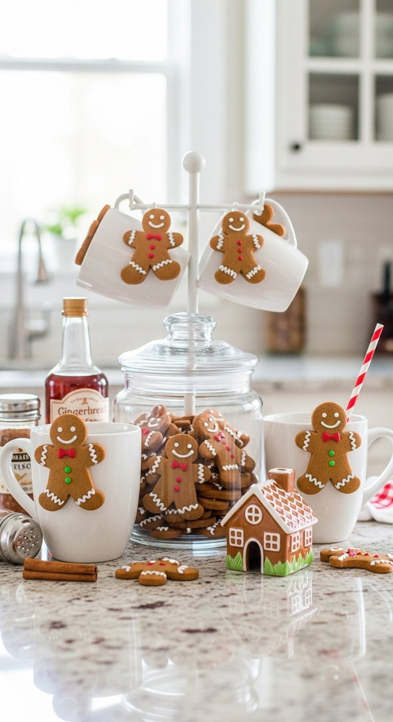 Cozy Christmas coffee area kitchen gingerbread themed coffee bar mug hugger cookies ceramic gingerbread house festive treats