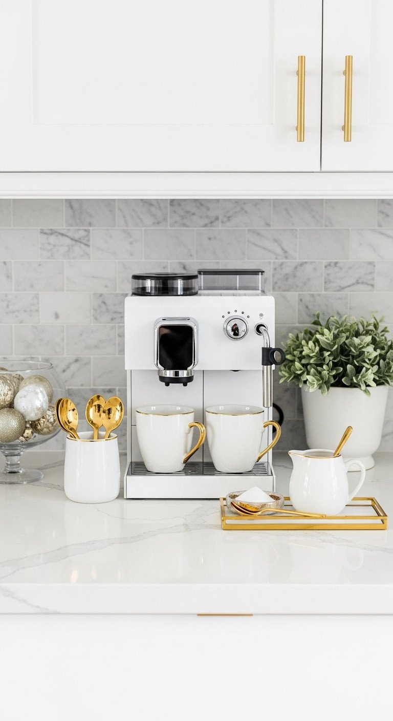Cozy Christmas coffee area kitchen glamorous gold white elegant coffee station gold rim mugs marble backsplash festive decor