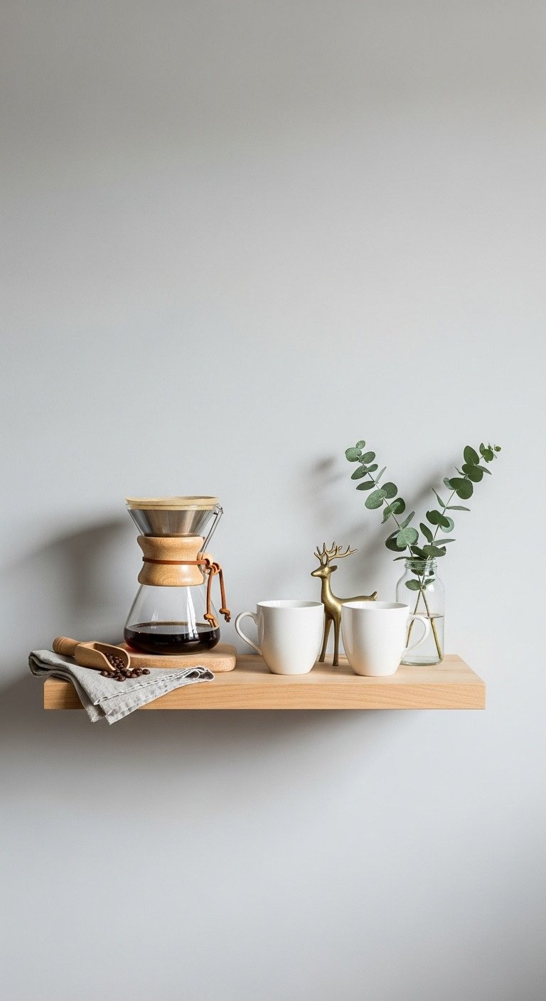 Cozy Christmas coffee area kitchen minimalist Scandinavian Fika corner pour-over coffee maker white mugs brass reindeer eucalyptus
