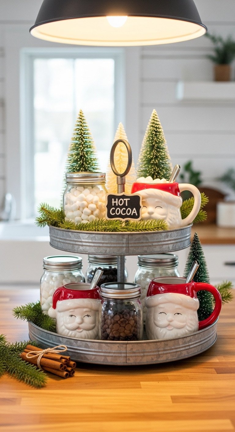 Cozy Christmas coffee area kitchen rustic farmhouse hot cocoa bar tiered galvanized tray Santa mugs marshmallows cinnamon evergreen