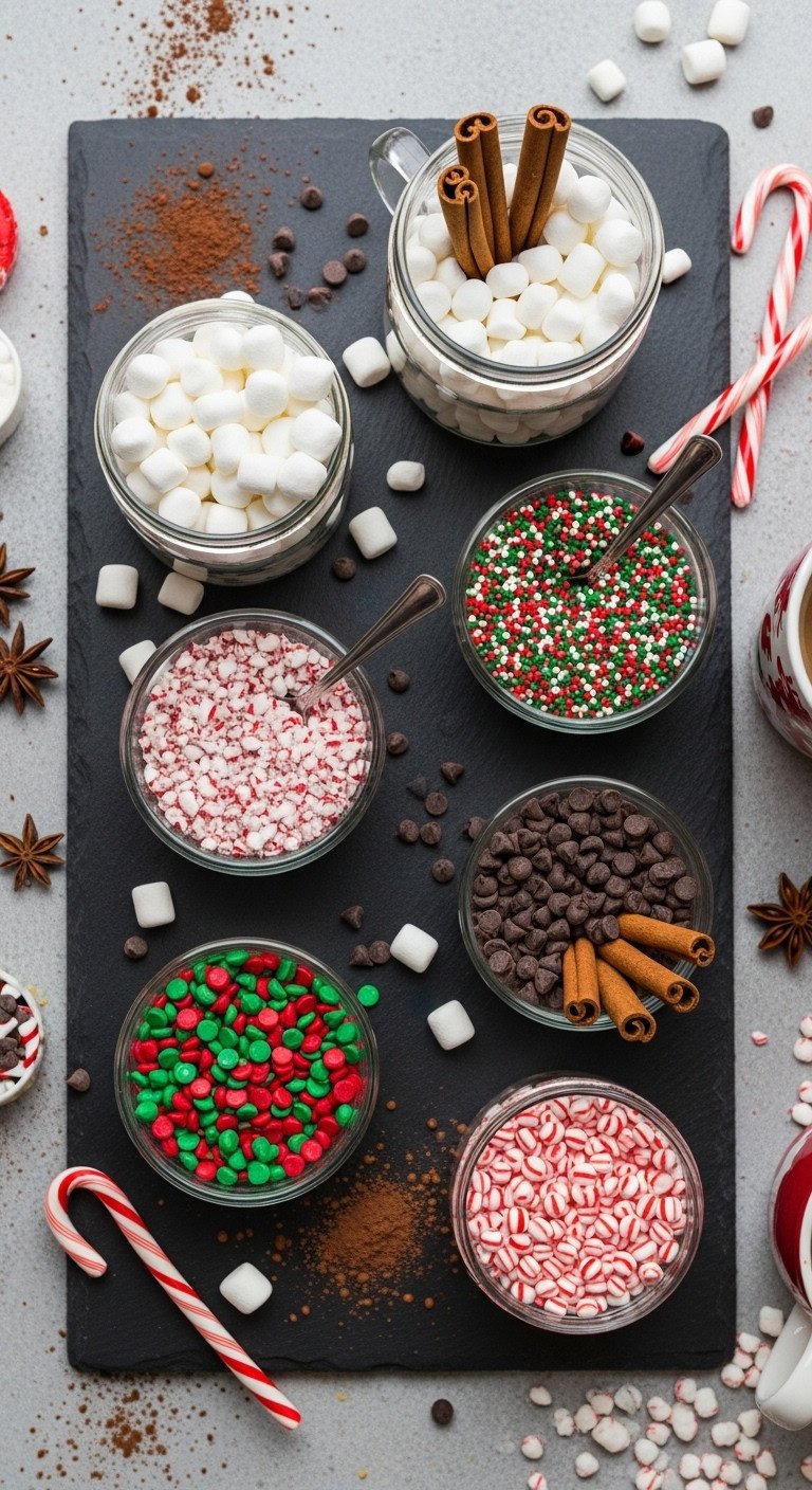 Cozy Christmas coffee area kitchen ultimate toppings bar glass bowls marshmallows crushed peppermint sprinkles chocolate chips cinnamon sticks festive drinks