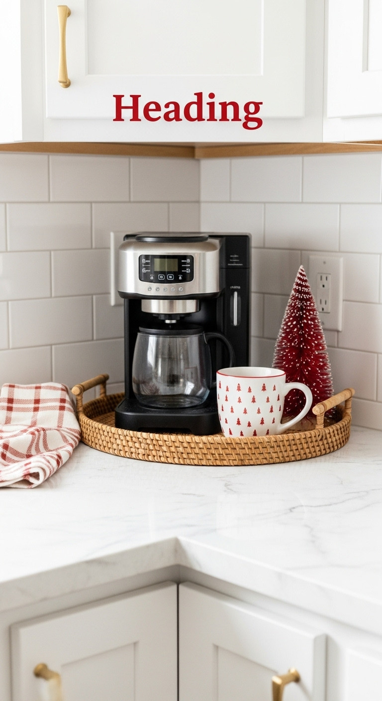 Cozy Christmas coffee bar corner on a white marble kitchen countertop with a woven tray mug and bottle brush tree