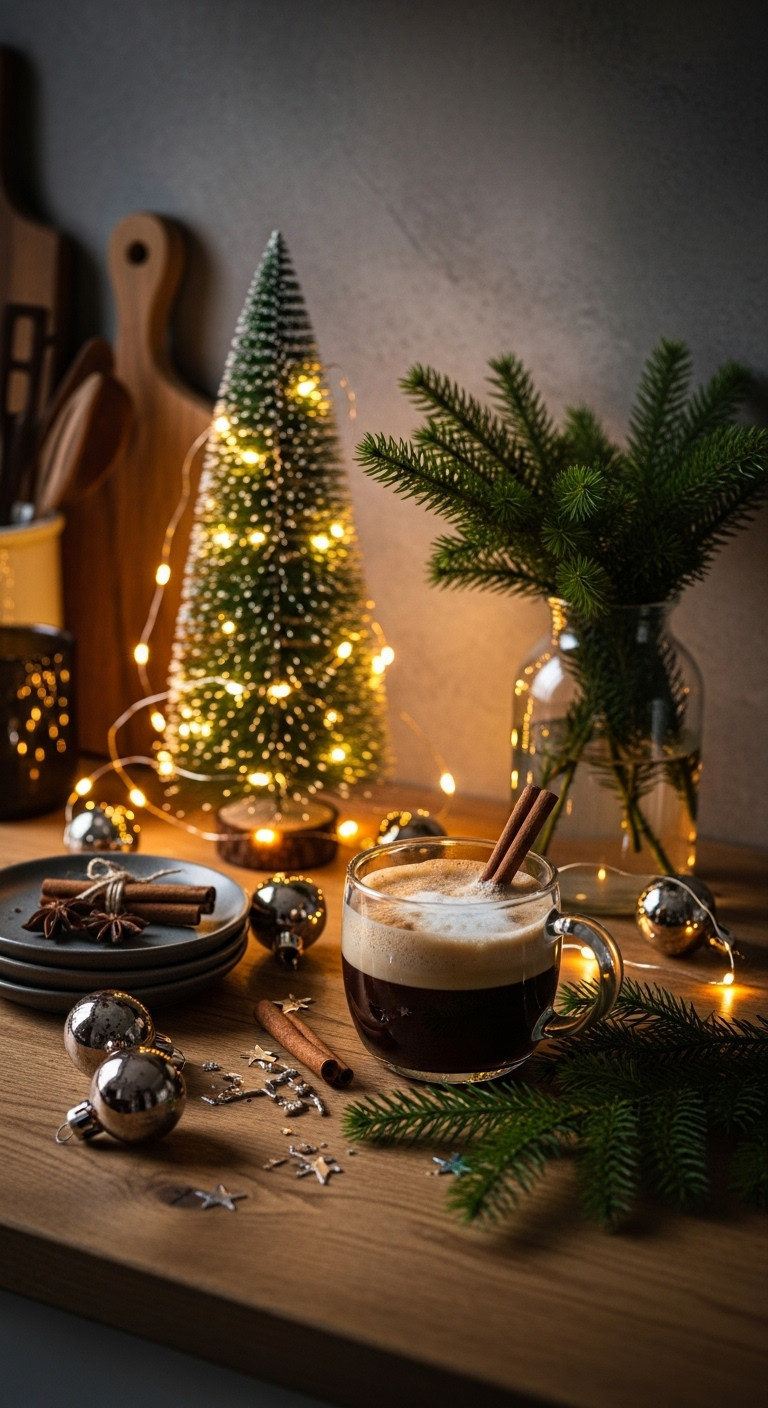 Cozy Christmas coffee bar on a countertop with fairy lights mini Christmas tree and evergreen clippings