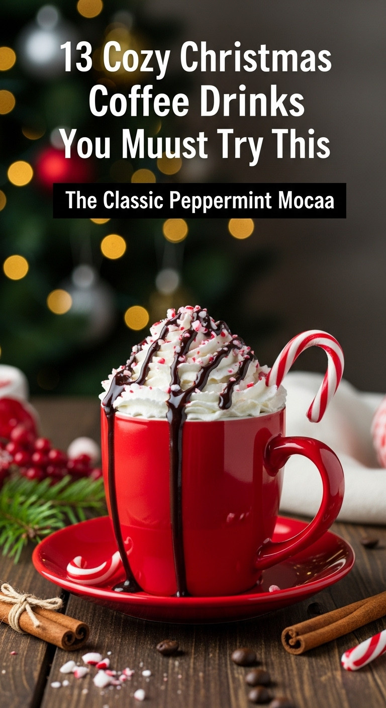Cozy Christmas coffee drinks classic peppermint mocha red mug whipped cream chocolate drizzle candy cane festive holiday beverage