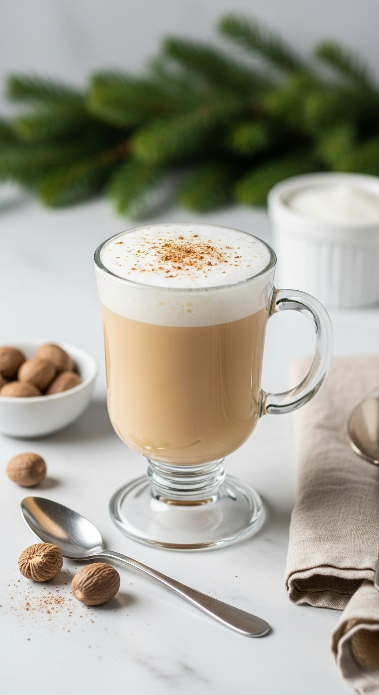 Cozy Christmas coffee drinks creamy eggnog latte vintage glass punch cup nutmeg foam festive holiday beverage recipe