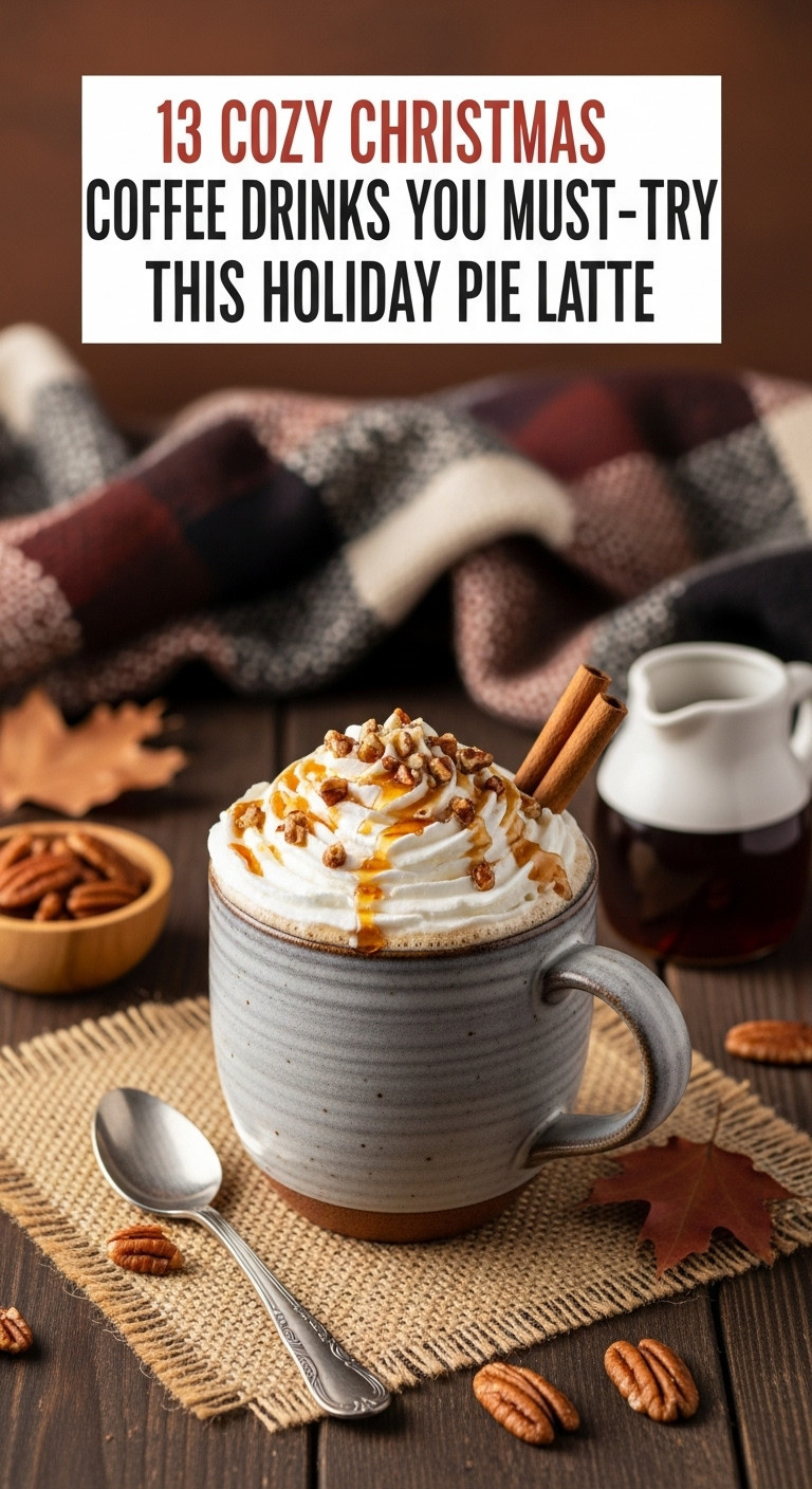 Cozy Christmas coffee drinks dessert in a mug pecan pie latte stoneware mug whipped cream maple syrup toasted pecans rustic festive