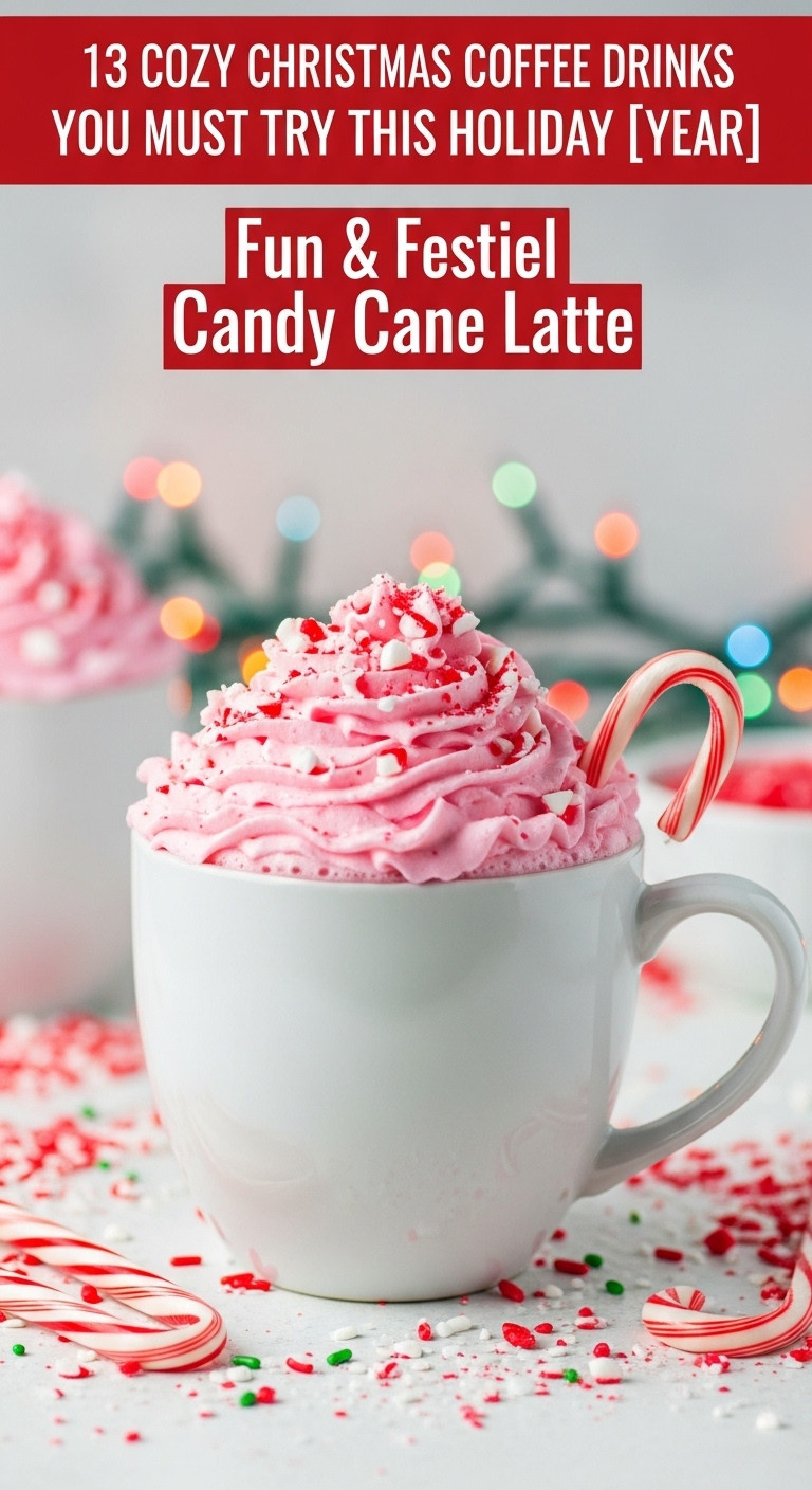 Cozy Christmas coffee drinks fun festive candy cane latte white porcelain mug pink whipped cream crushed candy canes holiday beverage