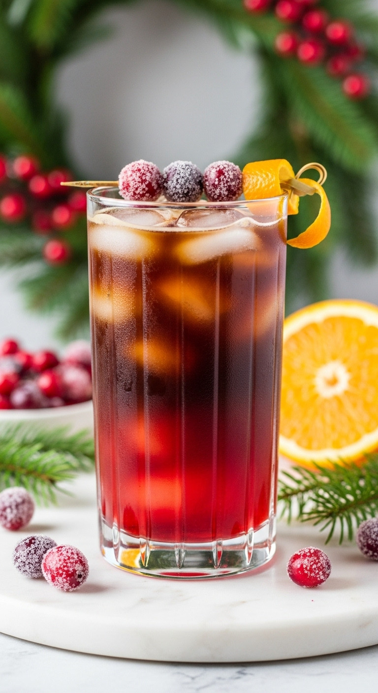 Cozy Christmas coffee drinks iced cranberry orange holiday coffee highball glass sugared cranberries orange peel festive refreshing