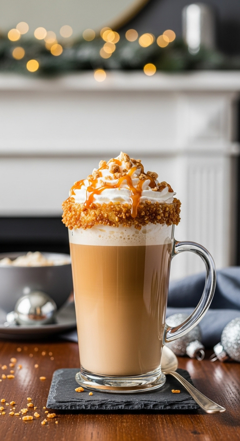 Cozy Christmas coffee drinks indulgent caramel brulée latte glass mug whipped cream caramel drizzle torched sugar crystals festive elegant