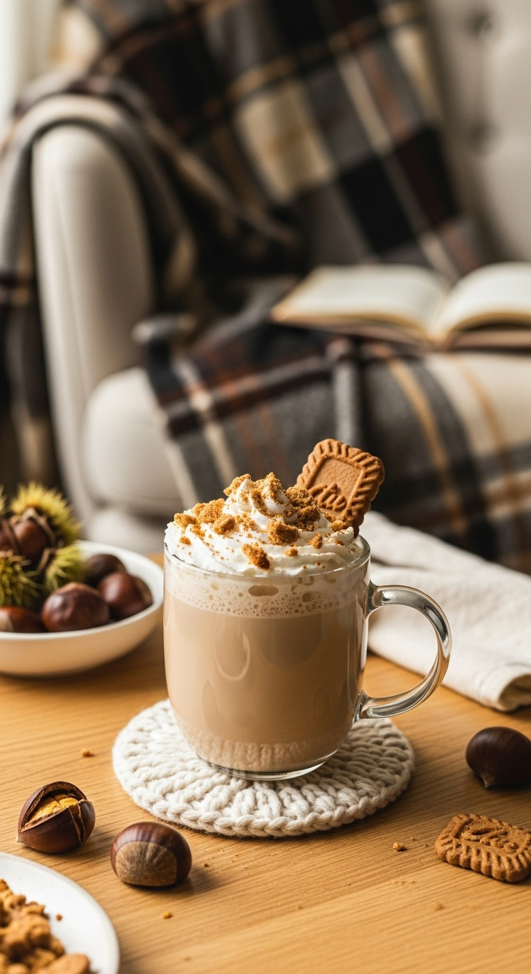 Cozy Christmas coffee drinks nutty chestnut praline latte whipped cream praline pieces spiced cookie crumbs cozy armchair festive