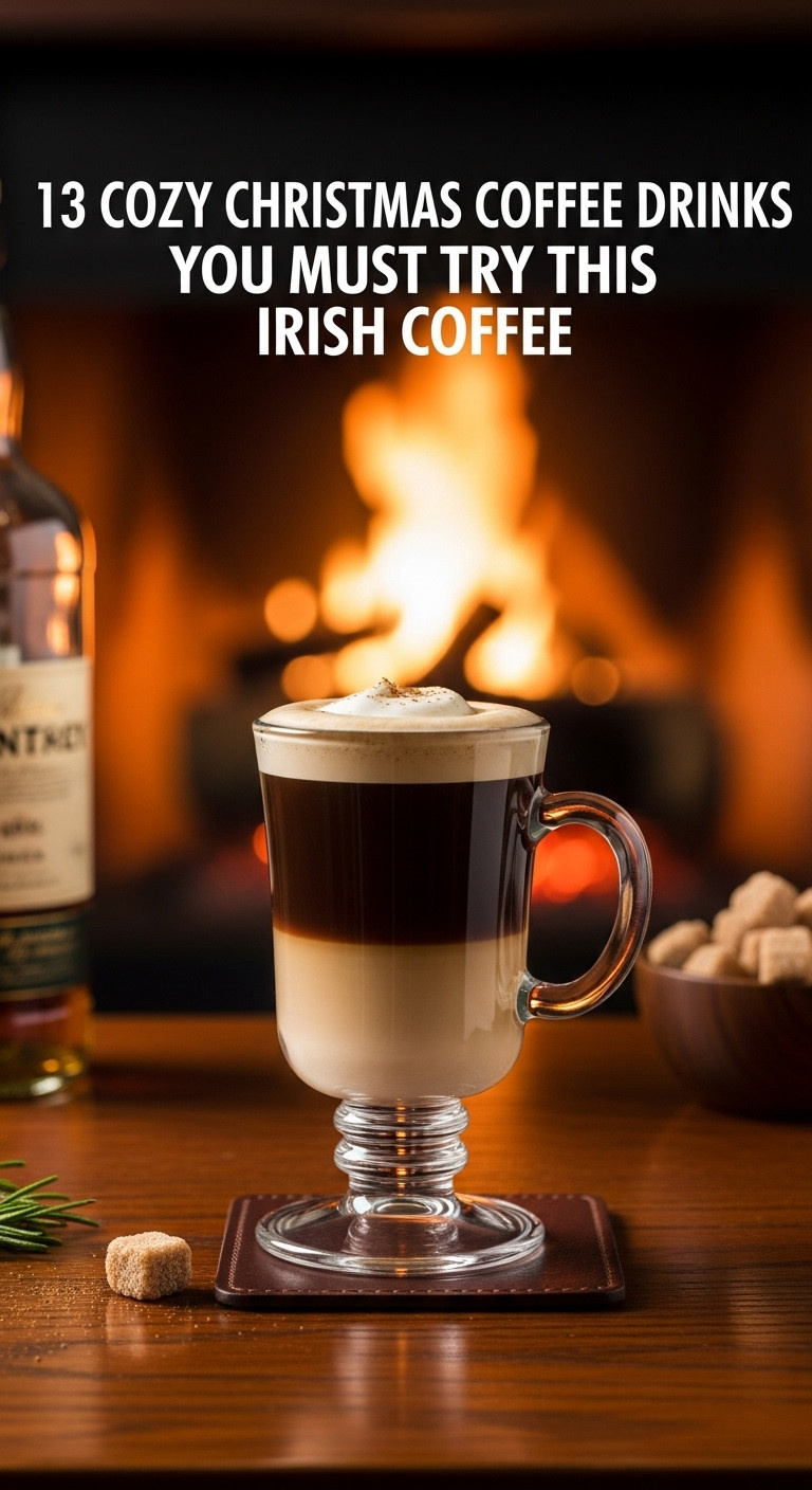 Cozy Christmas coffee drinks quintessential Irish coffee footed glass mug floating cream dark coffee warm fireplace adult festive