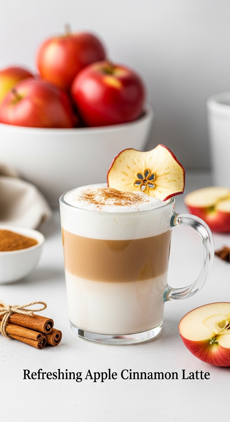 Cozy Christmas coffee drinks refreshing apple cinnamon latte clear glass mug frothed milk apple pie spice dehydrated apple slice festive