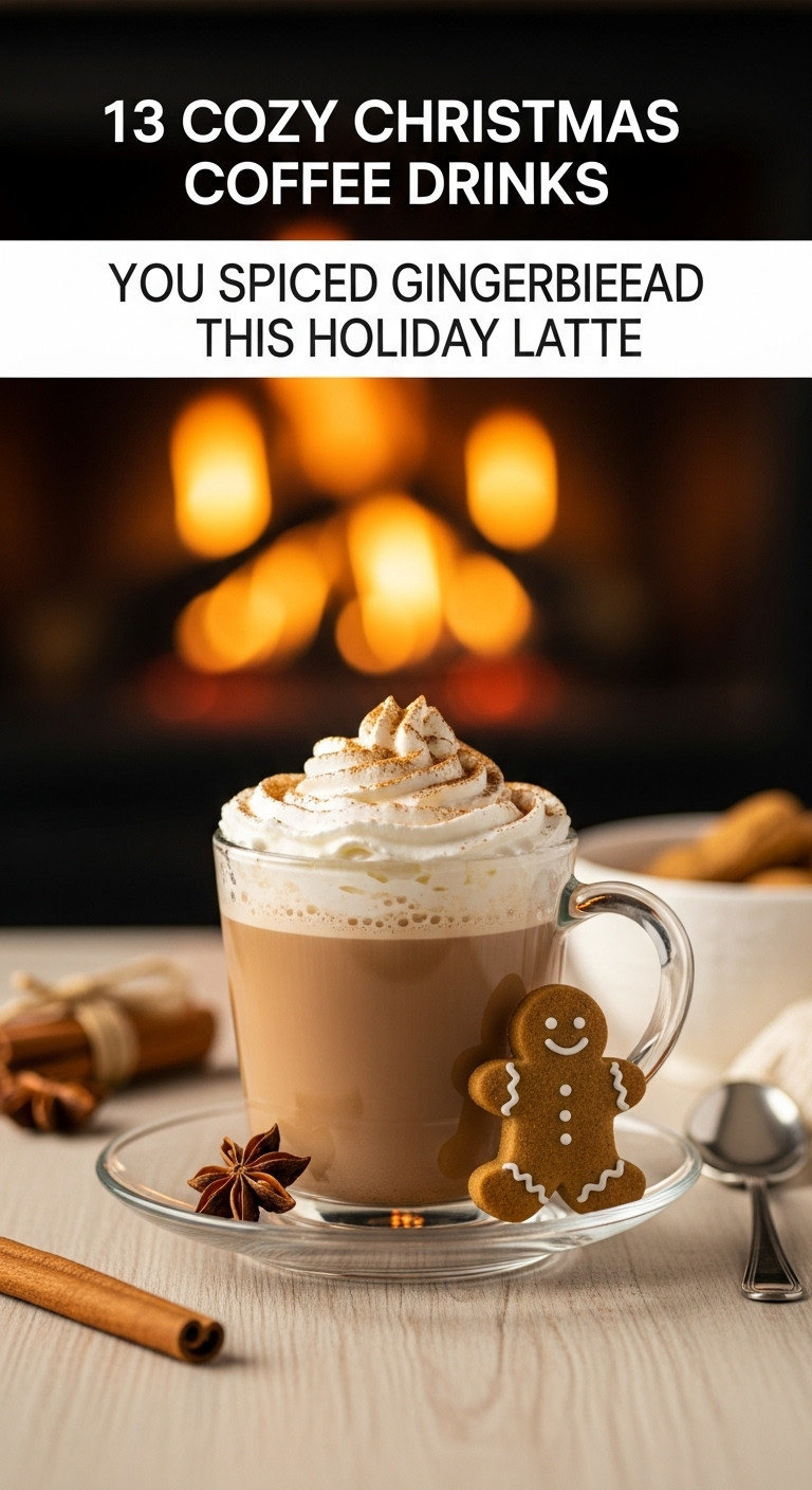 Cozy Christmas coffee drinks spiced gingerbread latte glass mug whipped cream cinnamon nutmeg gingerbread man cookie cozy fireplace