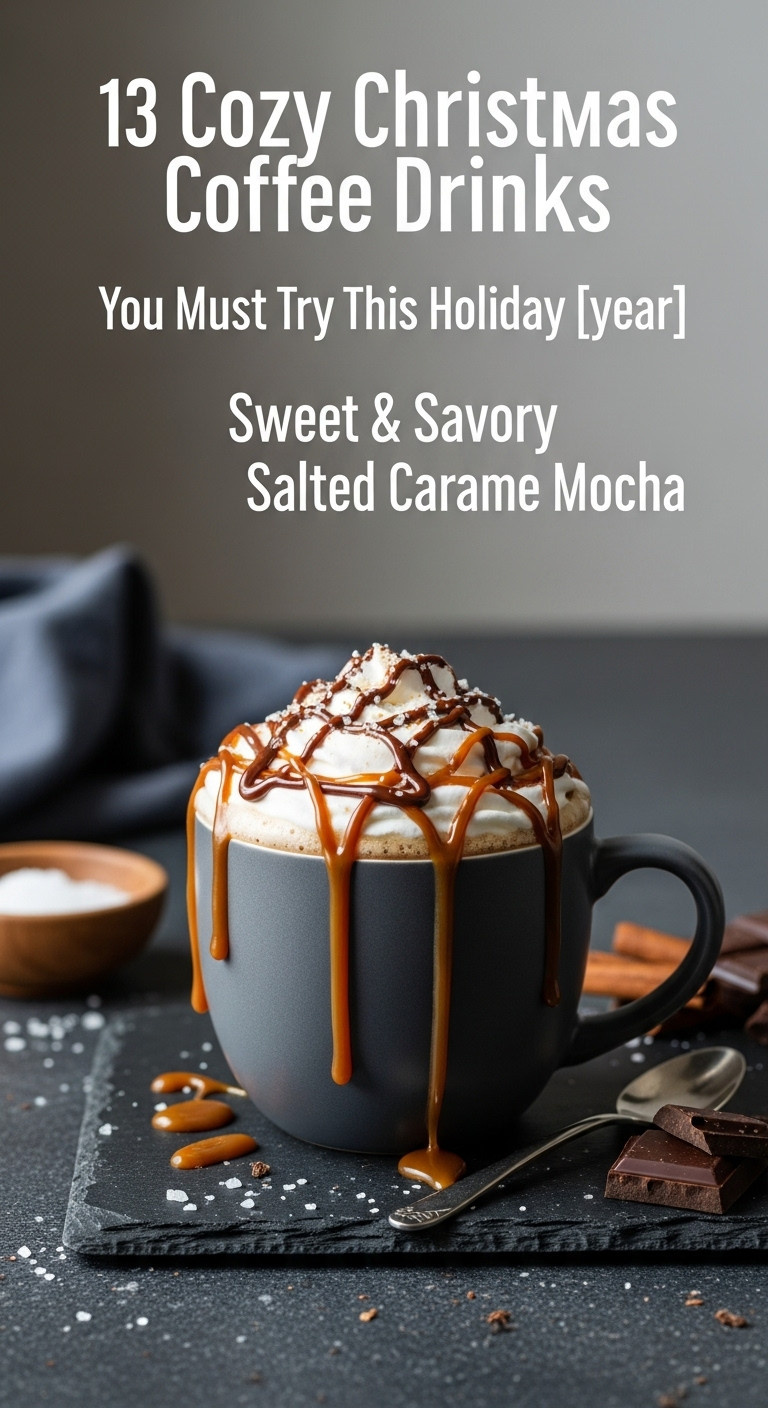 Cozy Christmas coffee drinks sweet savory salted caramel mocha dark gray mug whipped cream caramel chocolate sauce sea salt festive