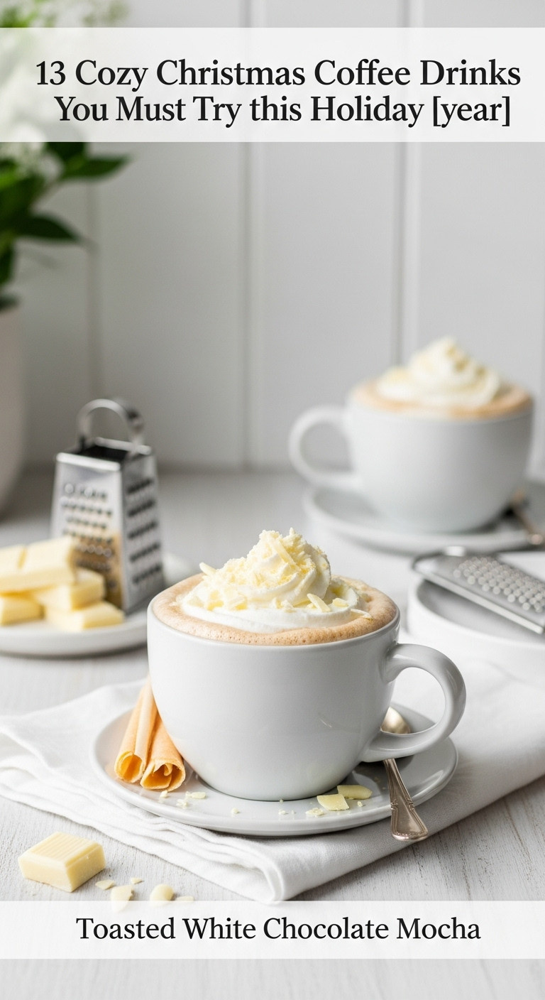 Cozy Christmas coffee drinks toasted white chocolate mocha white mug whipped cream white chocolate shavings elegant minimalist festive