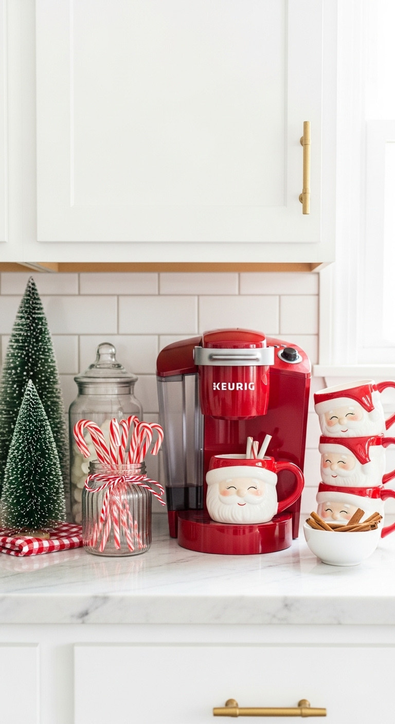Cozy Christmas coffee station with a red Keurig, frosted mini tree, candy canes, Santa mugs, and cinnamon sticks on a marble countertop