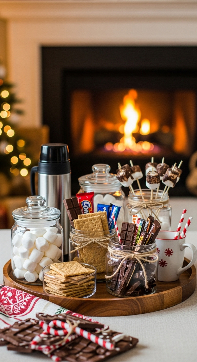 Cozy DIY s'mores hot cocoa station glass jars marshmallows graham crackers chocolate bars fireplace Christmas tree festive drinks