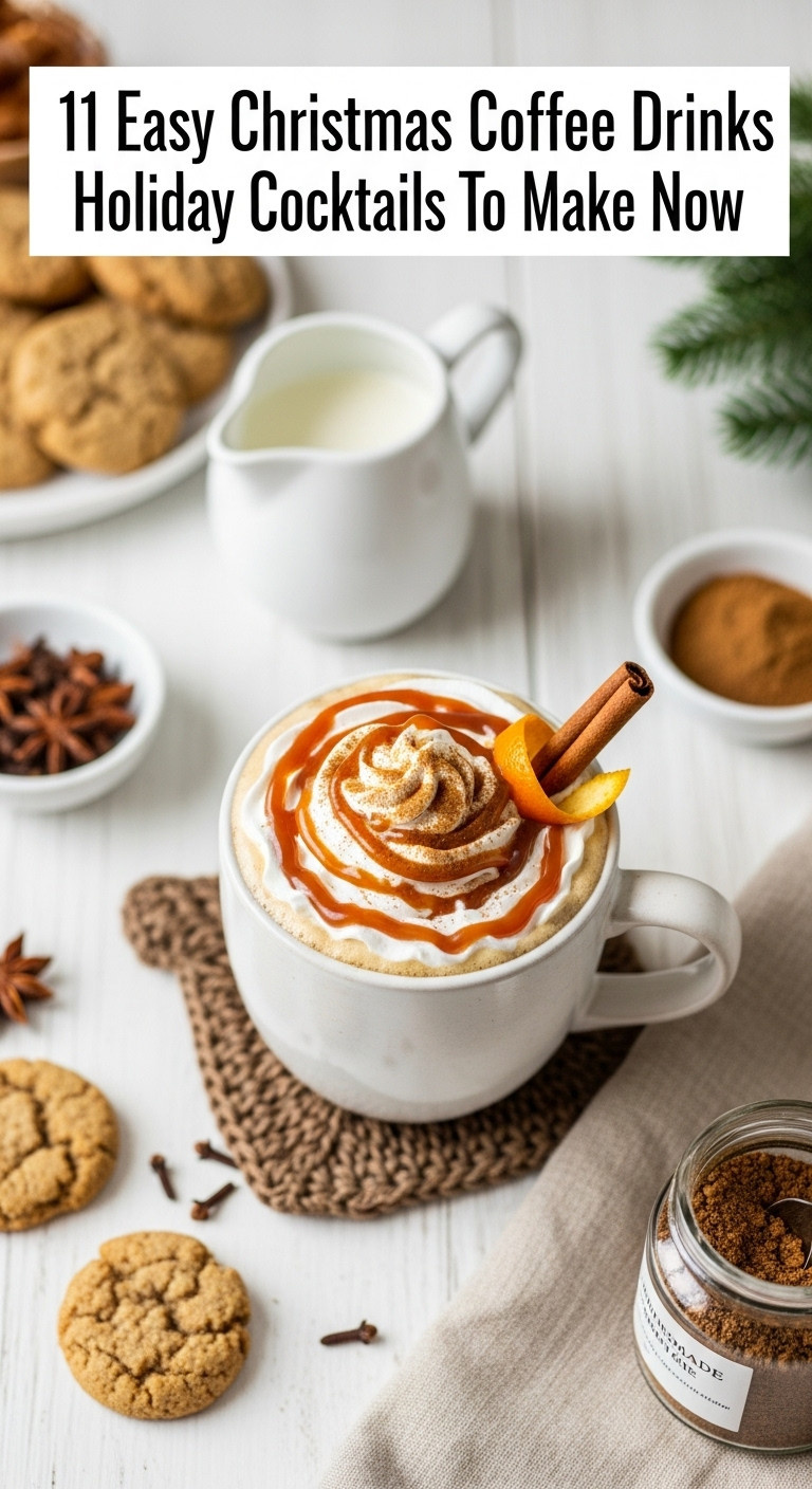 Cozy Non-Alcoholic Spiced Coffee with whipped cream, caramel, cinnamon, orange peel, and Christmas cookies on a white wooden tabletop