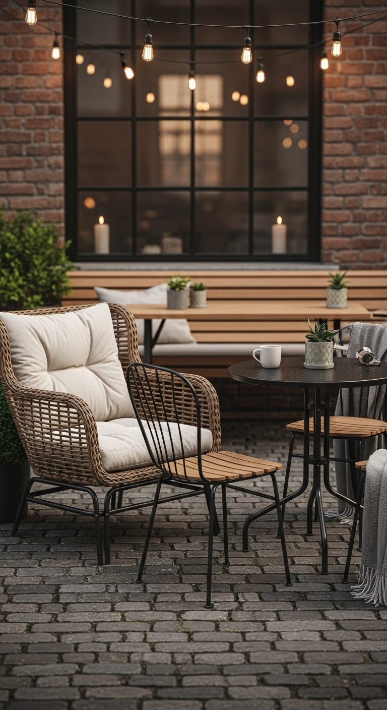 Cozy adaptable outdoor seating zones at a coffee shop patio with wicker lounge chair bistro table and communal wooden bench