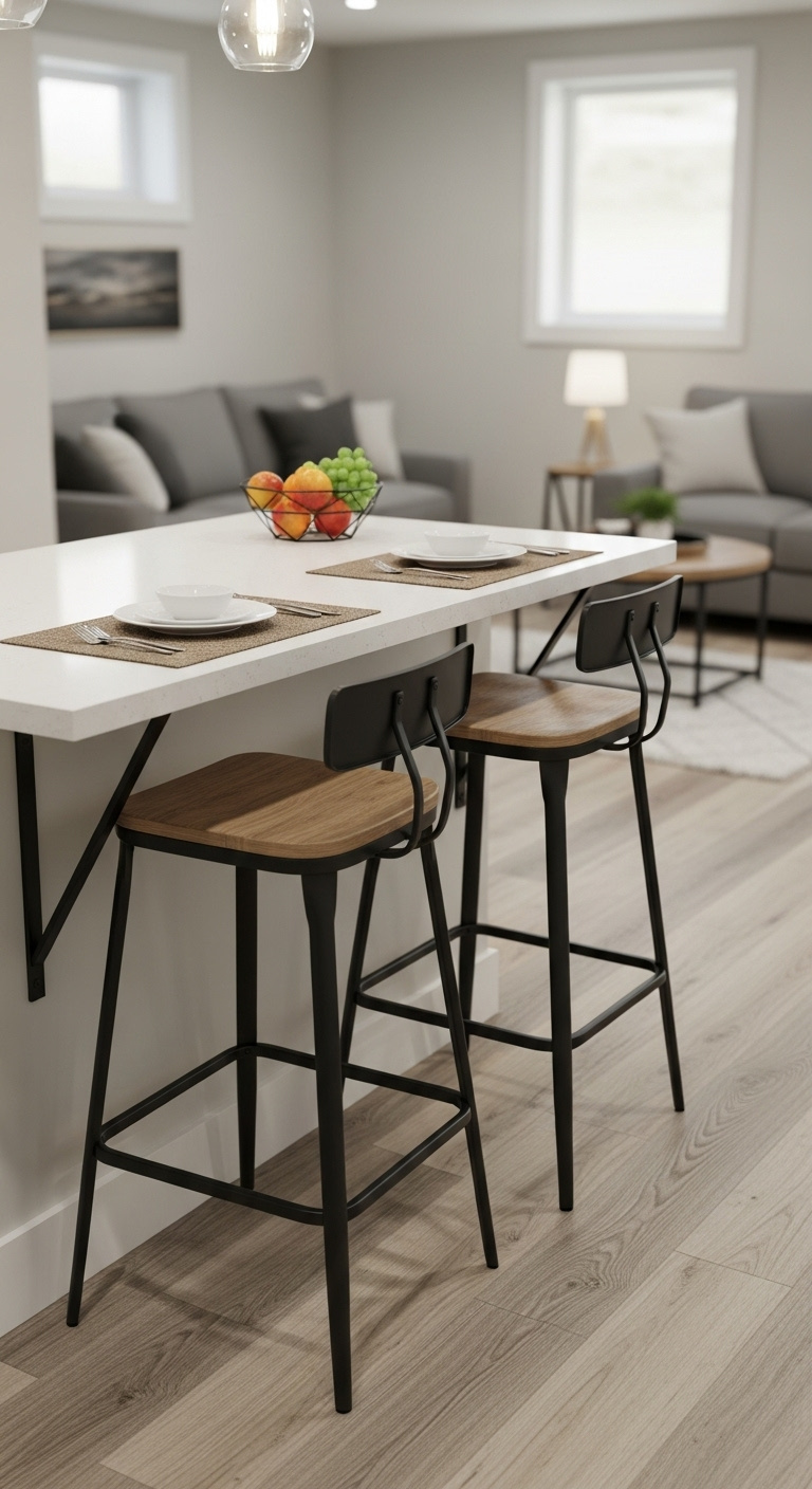 Cozy basement snack bar corner with black metal bar stools tucked under a white quartz counter and soft natural light