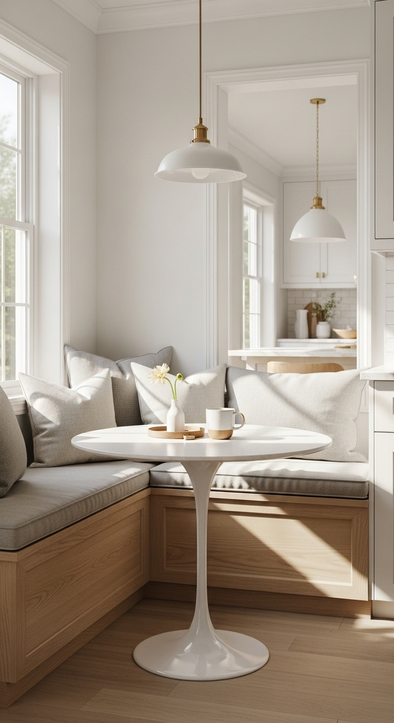 Cozy built-in breakfast nook with light wood bench linen cushions white tulip table and ceramic coffee mug bathed in morning light