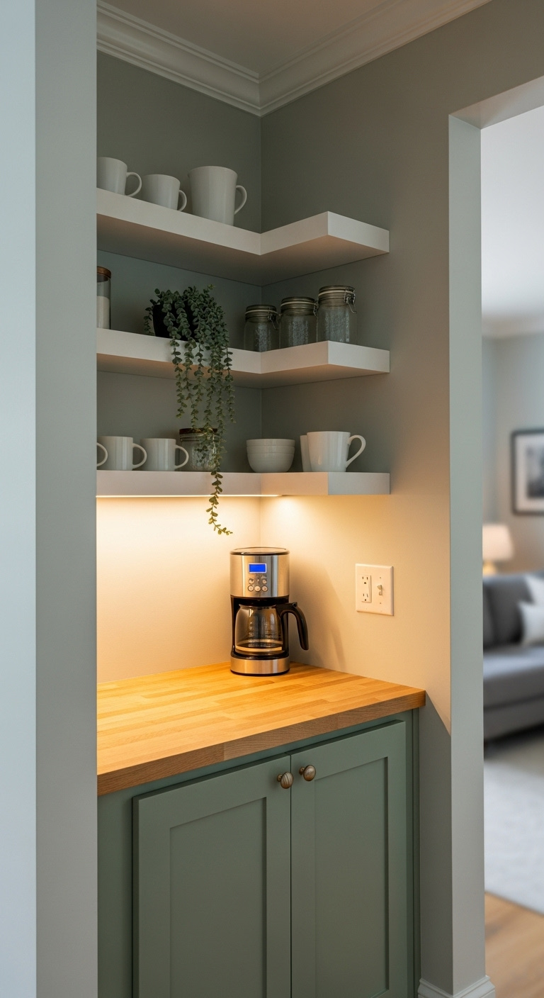 Cozy built-in coffee nook in living room corner with butcher block counter and floating shelves