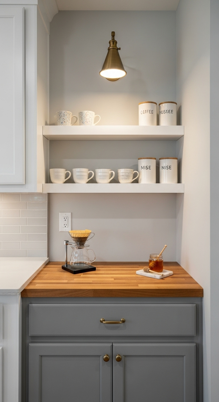 Cozy built-in coffee nook with gray cabinet butcher block counter pour-over setup and brass light