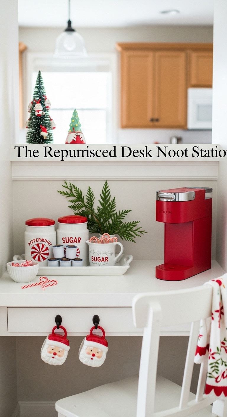Cozy built-in kitchen desk nook transformed into a Christmas coffee bar with a red coffee maker and Santa mugs