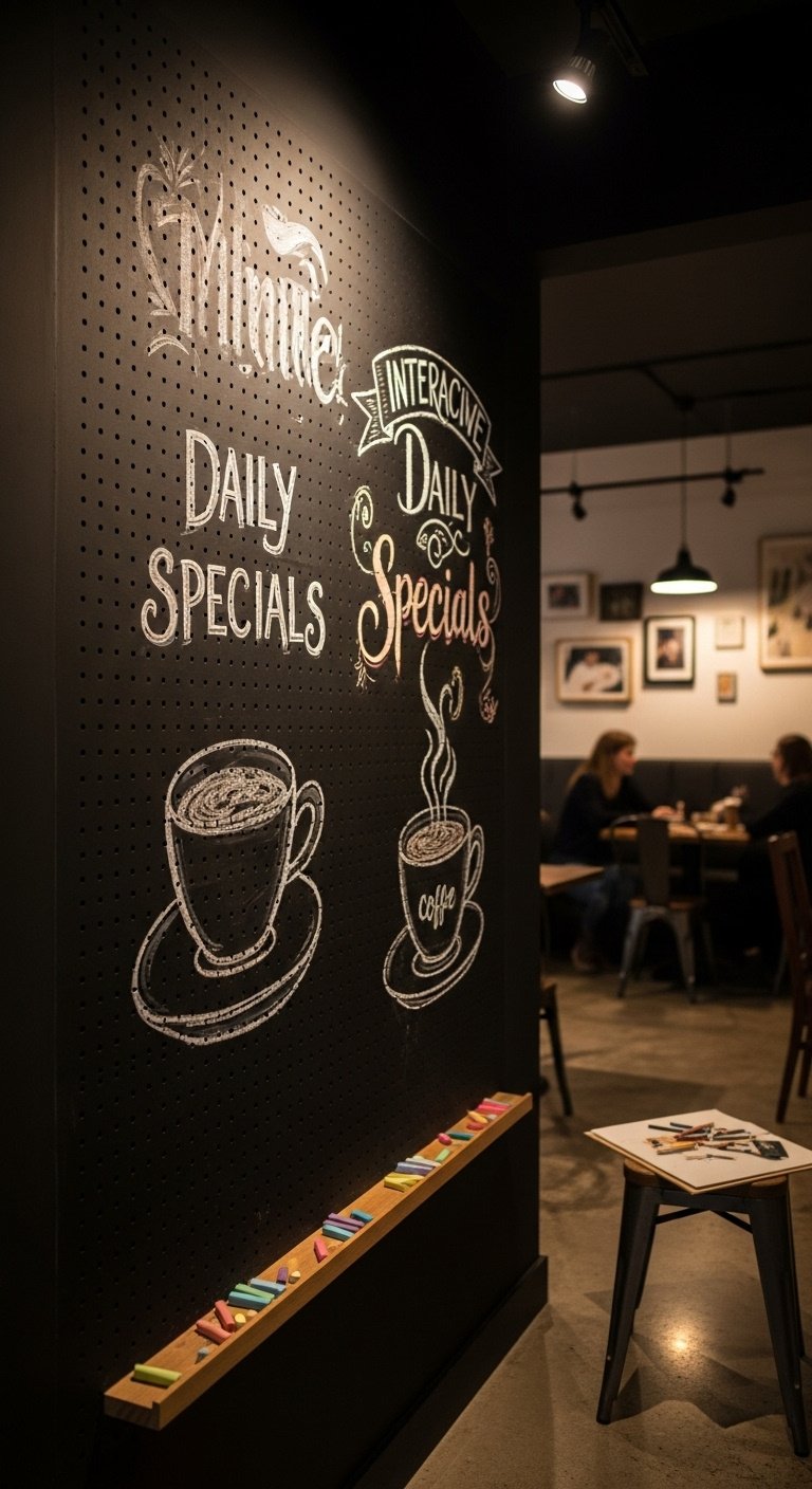 Cozy cafe feature wall with matte black chalkboard paint, artistic chalk calligraphy, daily specials, and a small wooden ledge with colorful chalk sticks