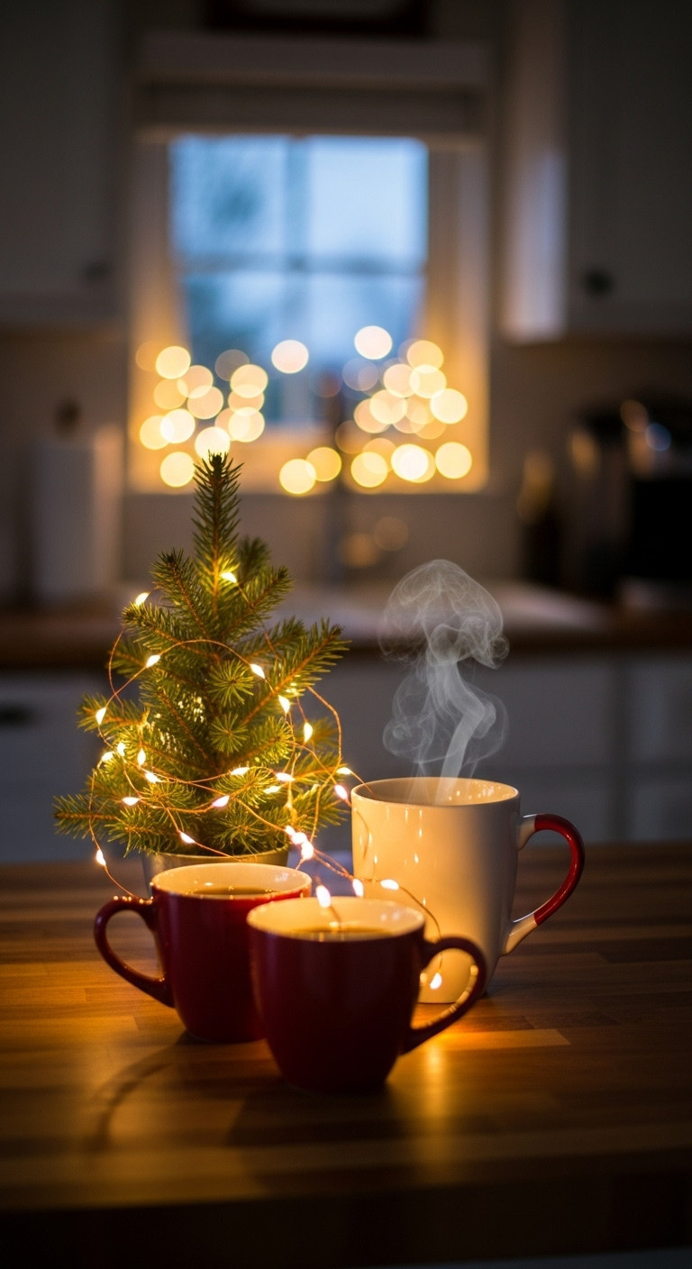 Cozy coffee bar at dusk with fairy lights woven through a pine garland casting a soft glow on red and white mugs