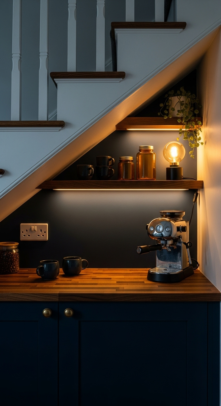 Cozy coffee bar cleverly built into the space under a white staircase with dark wood counter and espresso machine