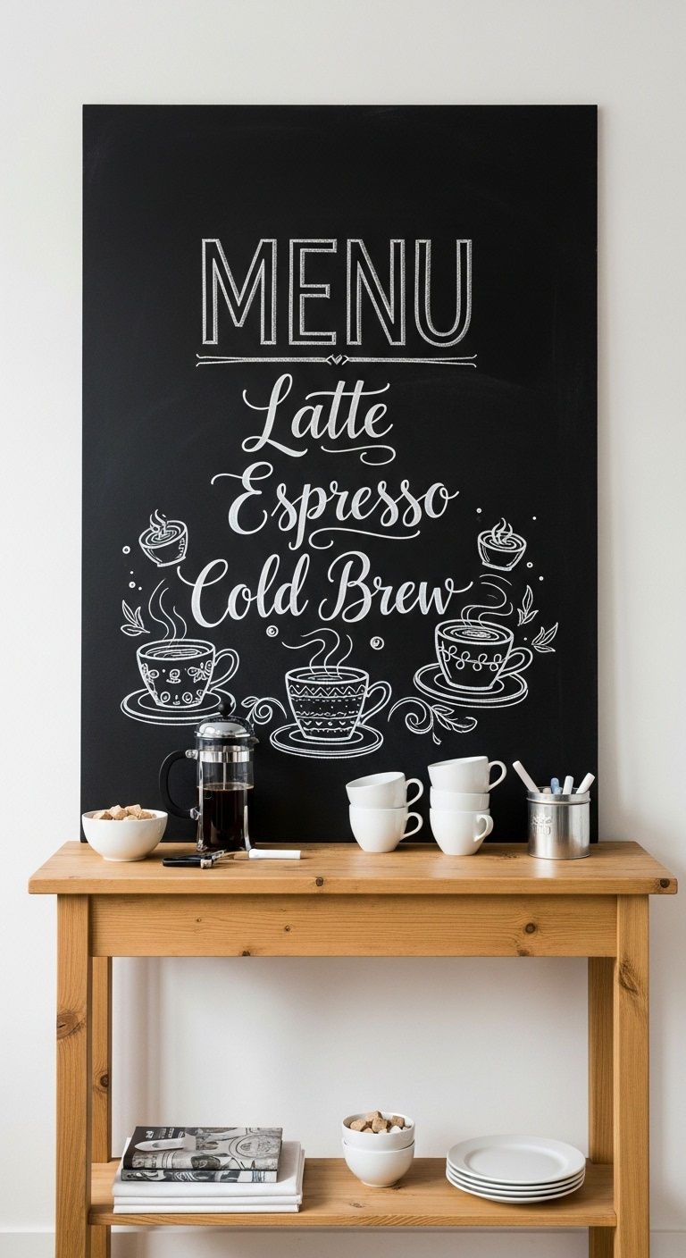 Cozy coffee bar with a black chalkboard menu wall featuring hand-lettered drinks, a wooden console table, and a French press