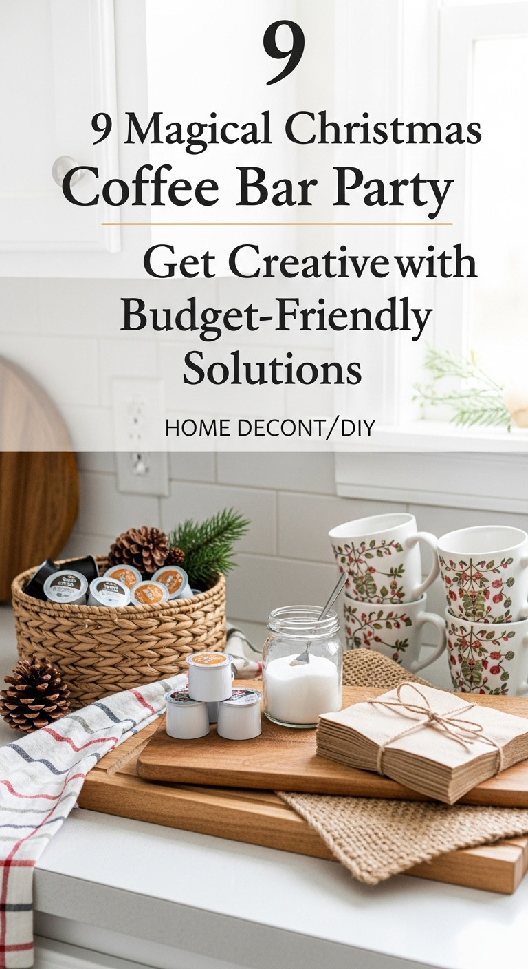 Cozy coffee bar with a woven basket for pods wooden cutting board for sugar and cream and pinecones garland