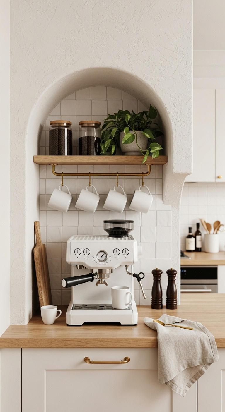Cozy coffee corner in an awkward kitchen nook with a white espresso machine, wood shelf, and subway tile backsplash