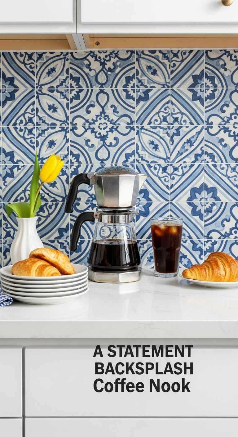 Cozy coffee corner with blue and white graphic tile backsplash chrome drip coffee maker stack of plates and iced coffee