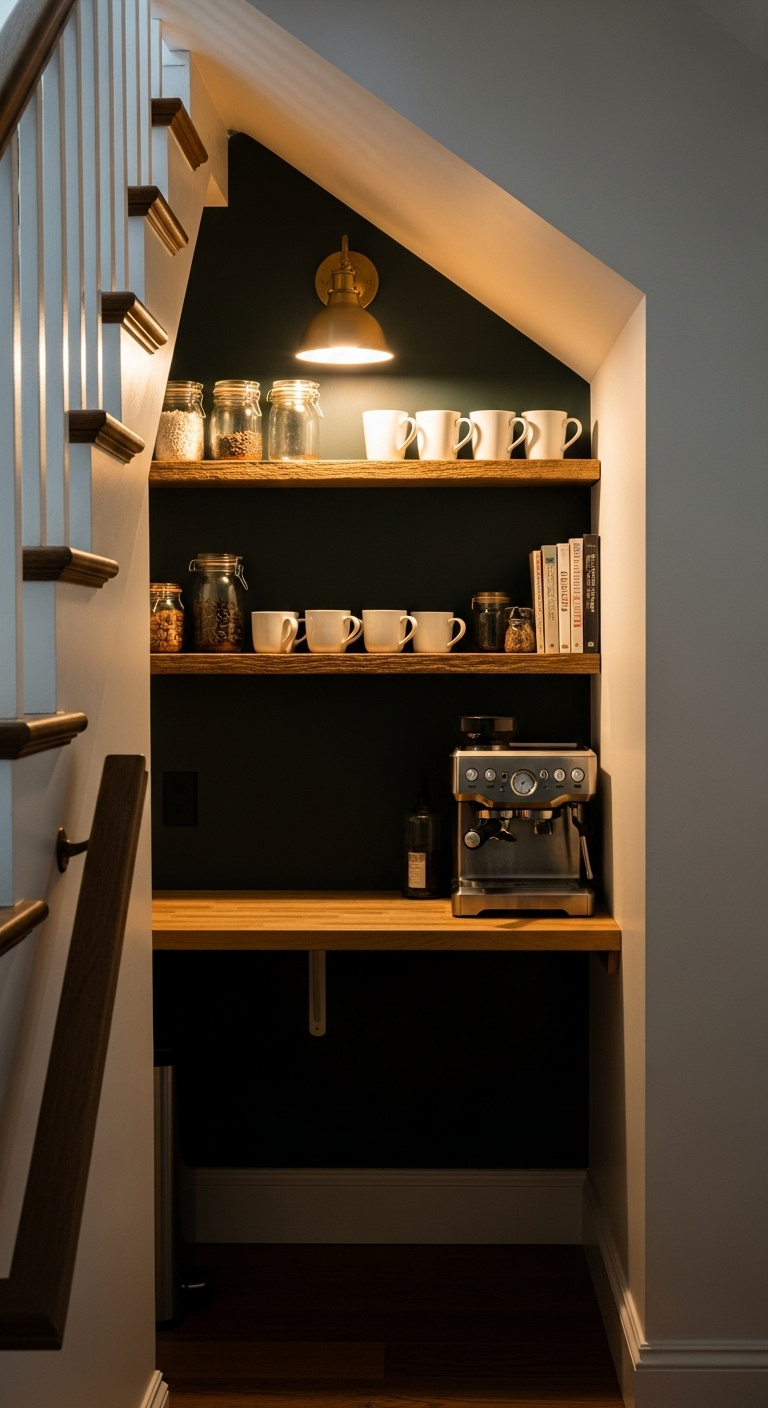Cozy coffee nook built under a staircase with dark green wall rustic shelves espresso machine and warm brass sconce