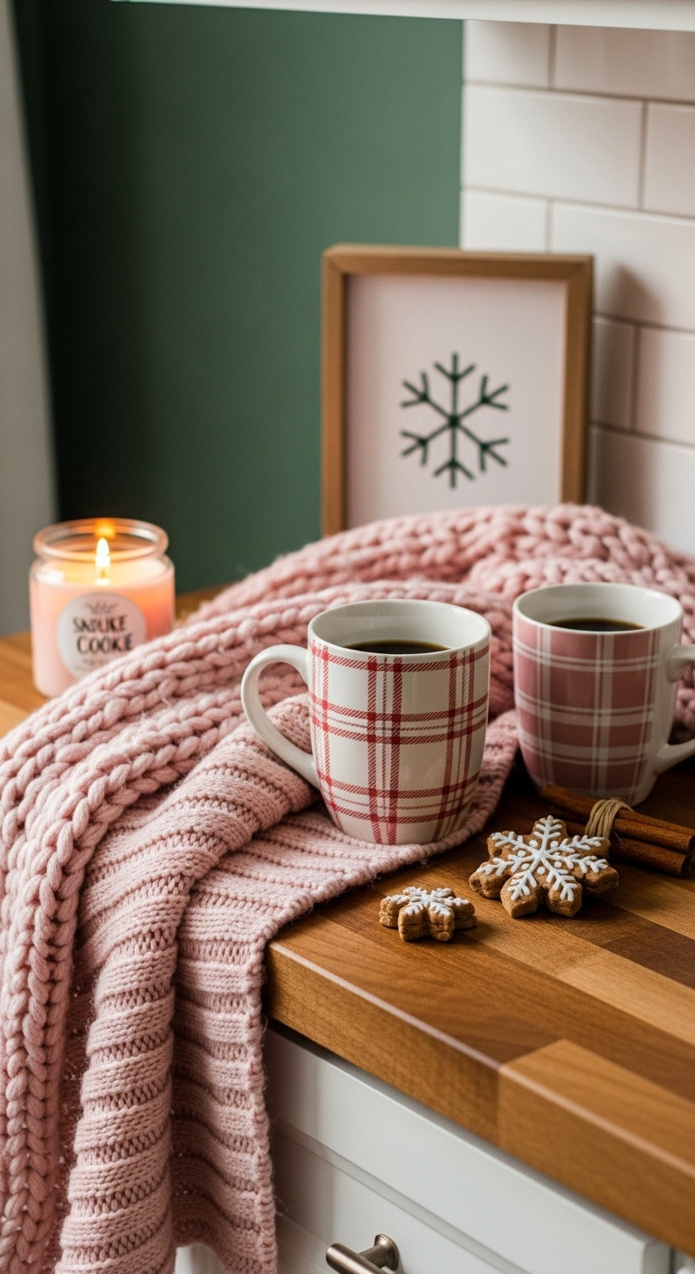 Cozy coffee nook with a chunky pink knit throw plaid mugs and a rustic wooden snowflake sign