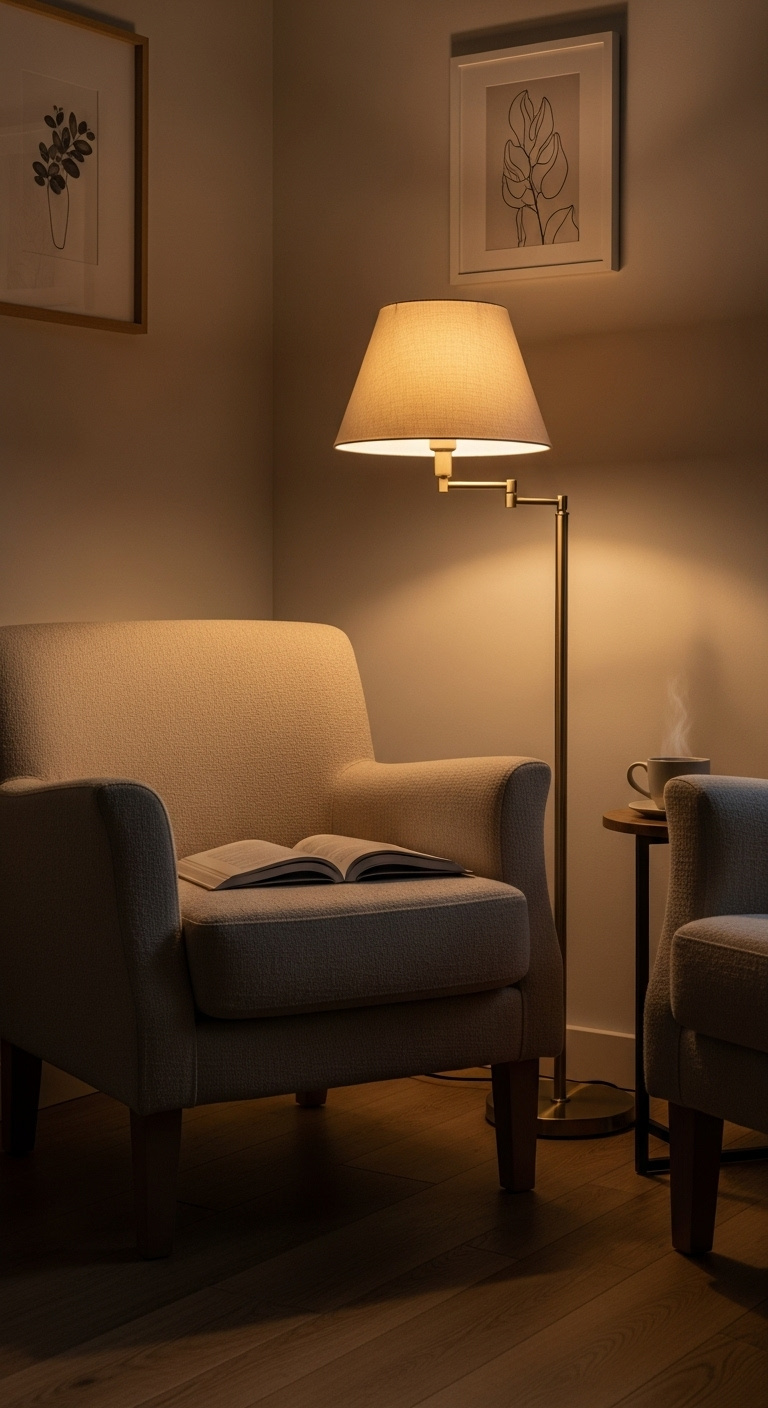 Cozy coffee shop reading nook with an elegant accent lamp casting warm light on a plush beige armchair an open book and steaming mug on a side table