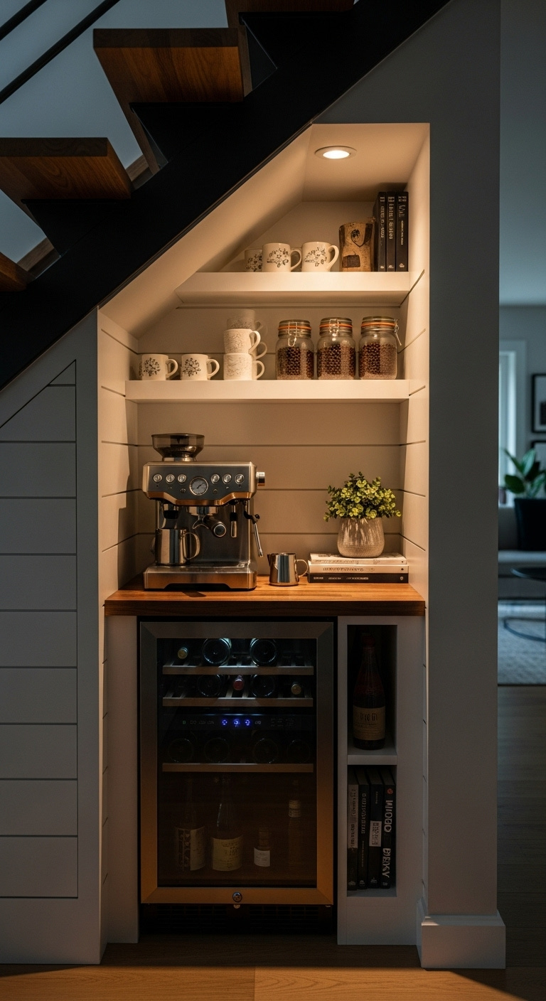 Cozy coffee station built under a modern staircase with an espresso machine floating shelves mugs coffee beans and a wine fridge