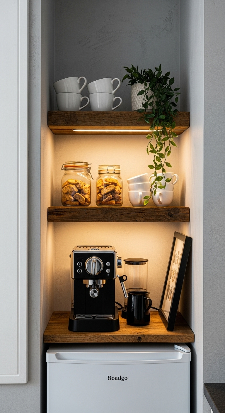 Cozy coffee station in a narrow nook with rustic floating shelves espresso machine mugs and a plant lit by warm LED light