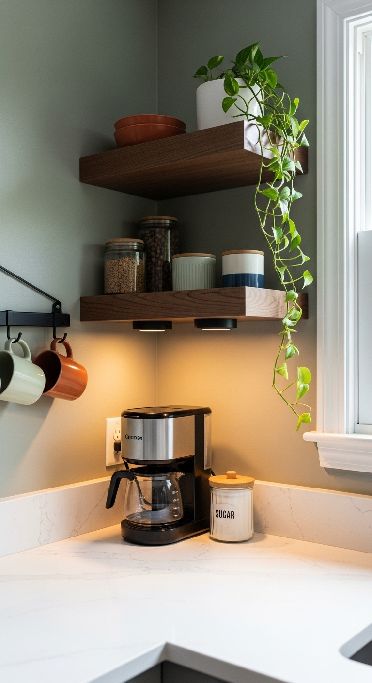 Cozy corner coffee nook with under cabinet puck lights dark wood floating shelves sage green wall black drip coffee machine