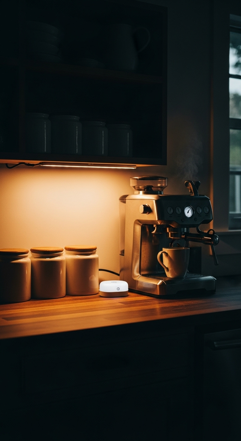 Cozy corner farmhouse coffee bar with under-cabinet LED light chrome espresso machine and ceramic canisters on dark wood countertop