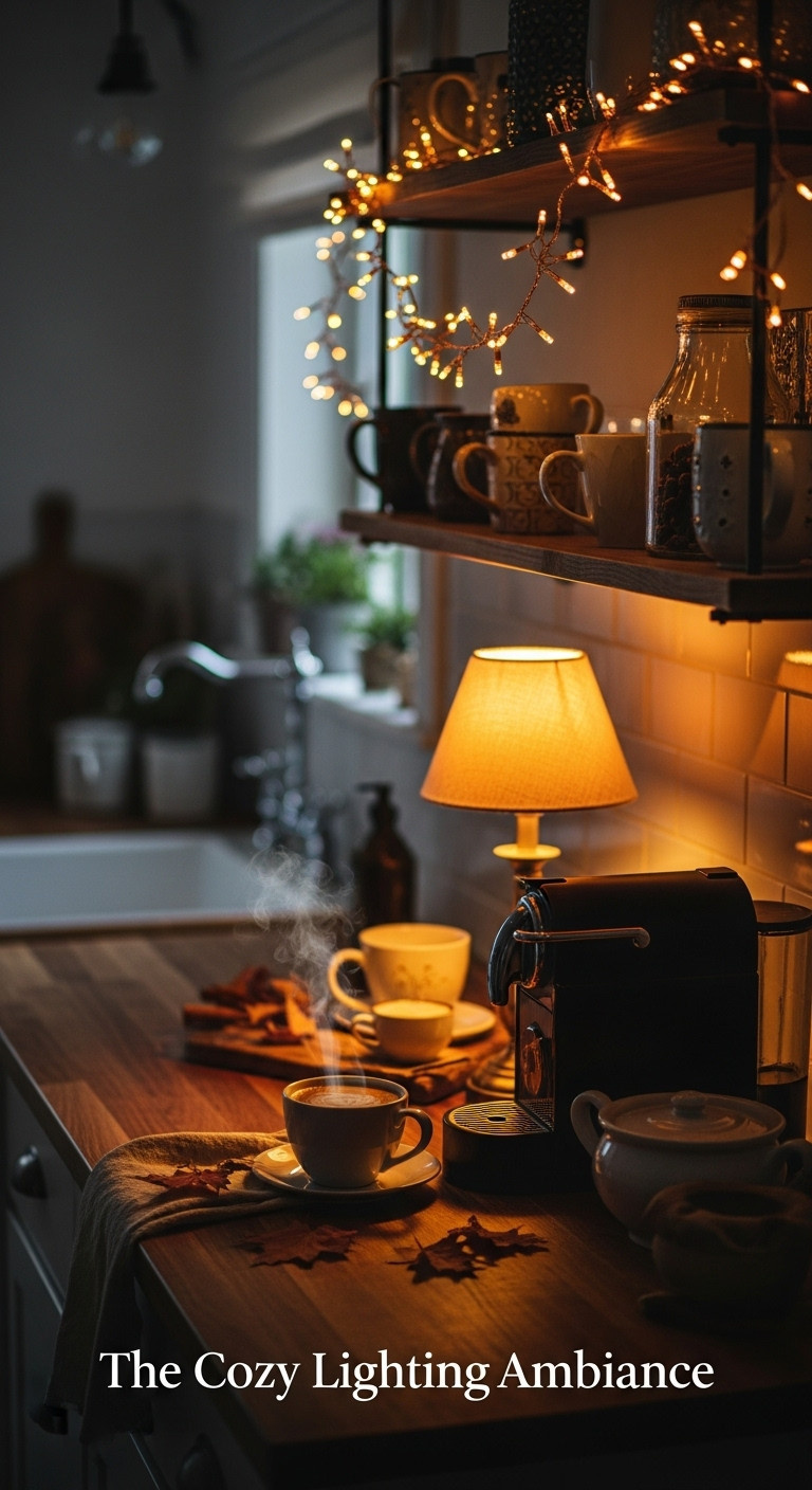 Cozy fall coffee bar at dusk, illuminated by fairy lights and a lamp, with steam rising from coffee and scattered autumn leaves