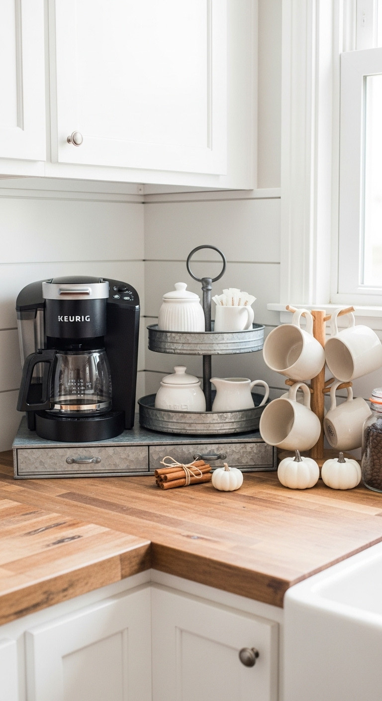 Cozy fall coffee bar with a black Keurig, tiered tray, mugs, and fall decor on a distressed wood counter against a shiplap wall