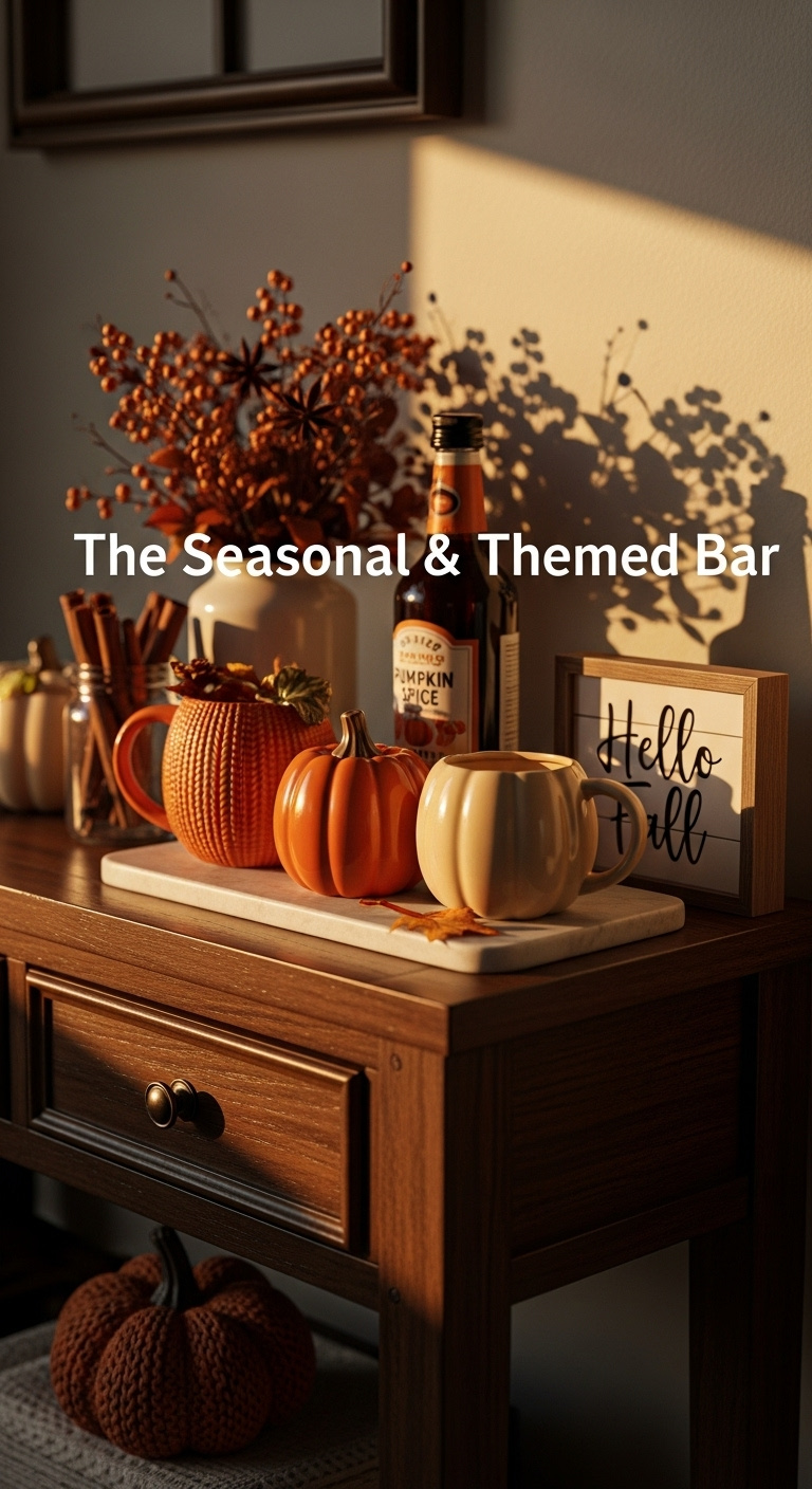 Cozy fall themed coffee bar on a dark wood console table with pumpkin mugs and pumpkin spice syrup