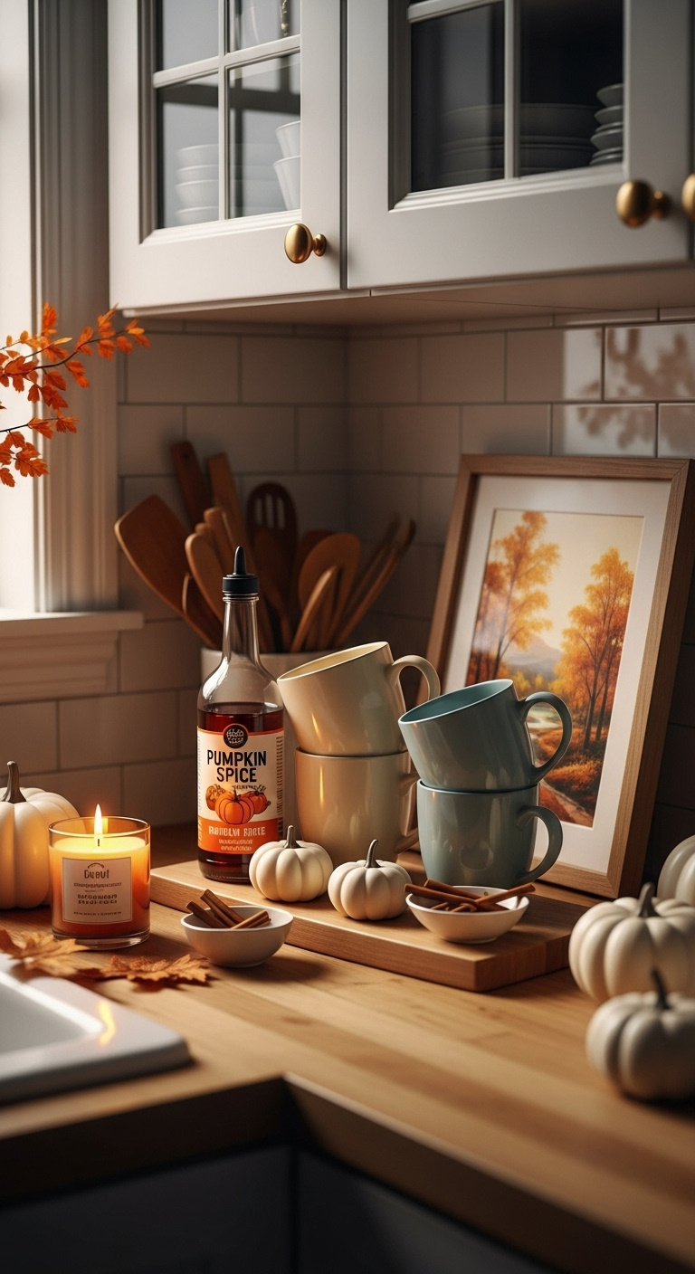 Cozy fall-themed coffee bar on a kitchen counter with pumpkin spice syrup mugs white pumpkins and autumn art
