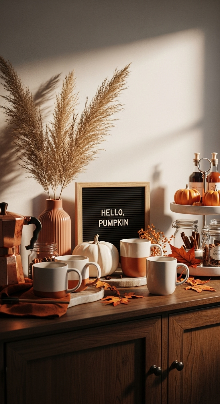Cozy fall themed coffee bar with autumnal mugs white pumpkin pampas grass and Hello Pumpkin sign on dark wood sideboard