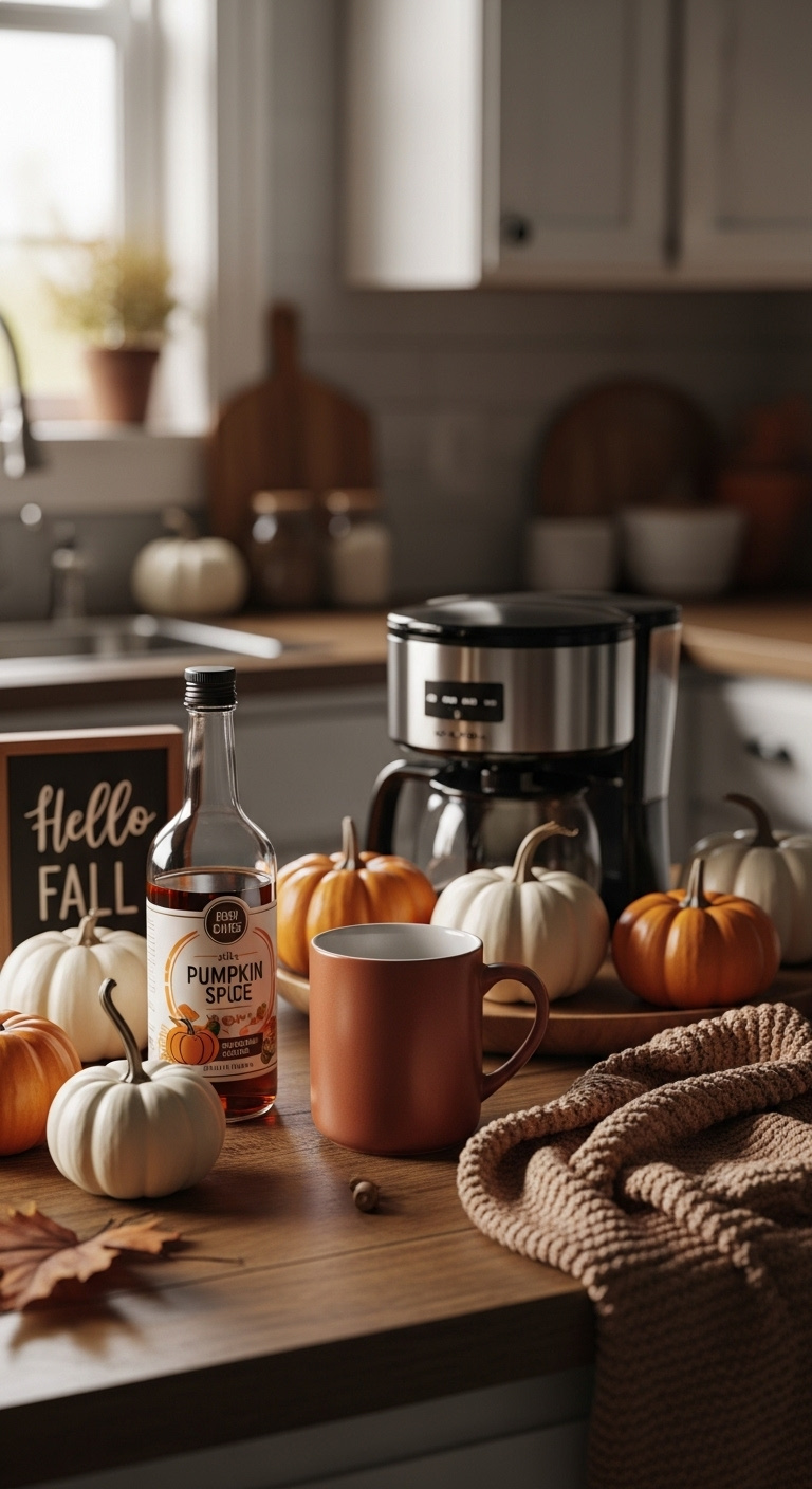 Cozy fall themed coffee nook with a rust colored ceramic mug pumpkin spice syrup and small white and orange pumpkins